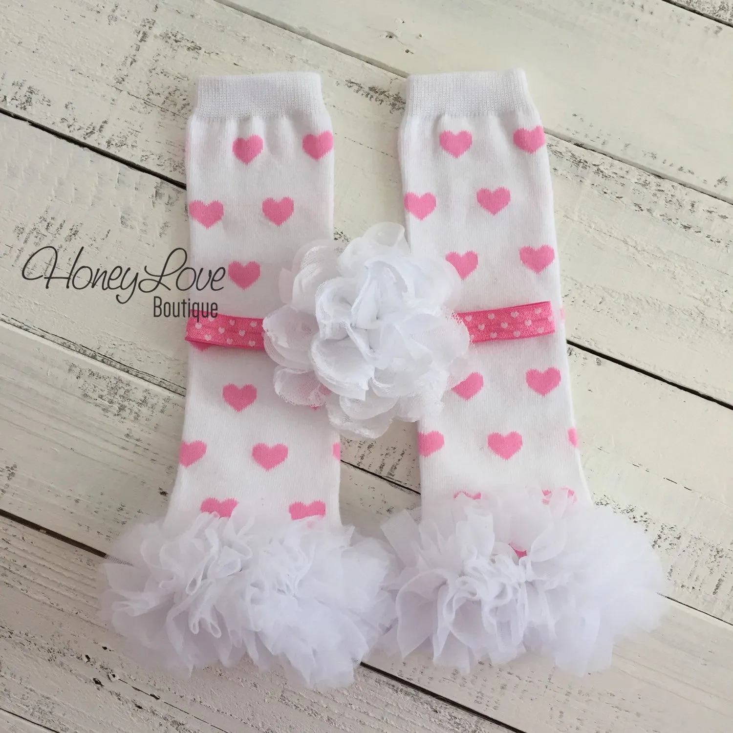 White/Light Pink Heart leg warmers and flower headband