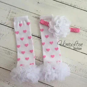 White/Light Pink Heart leg warmers and flower headband