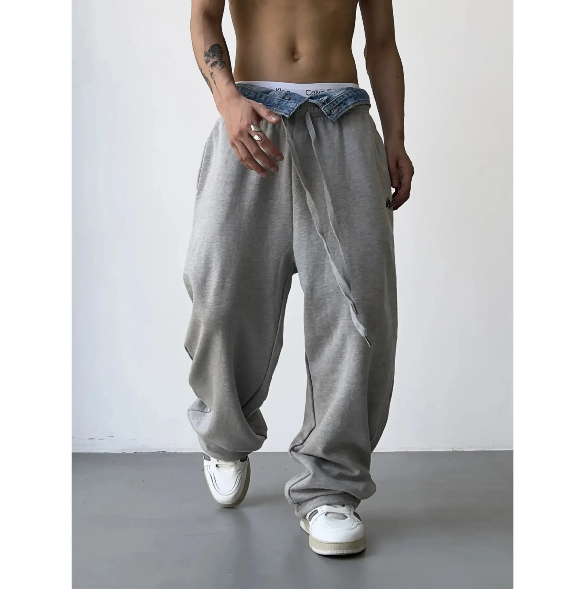 Wiaofellas  -  Hip Hop Grey Sweatpants Sports Pants Button Jean Elastic Waist Pants Loose Trousers Y2K Casual Sportwear Pants Joggers