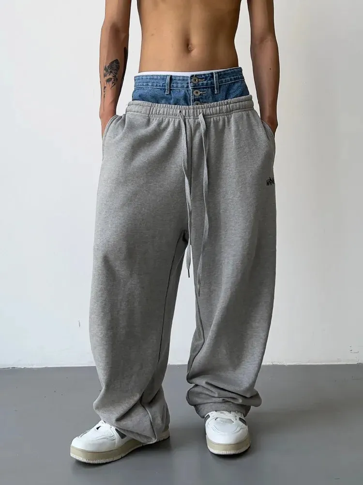 Wiaofellas  -  Hip Hop Grey Sweatpants Sports Pants Button Jean Elastic Waist Pants Loose Trousers Y2K Casual Sportwear Pants Joggers