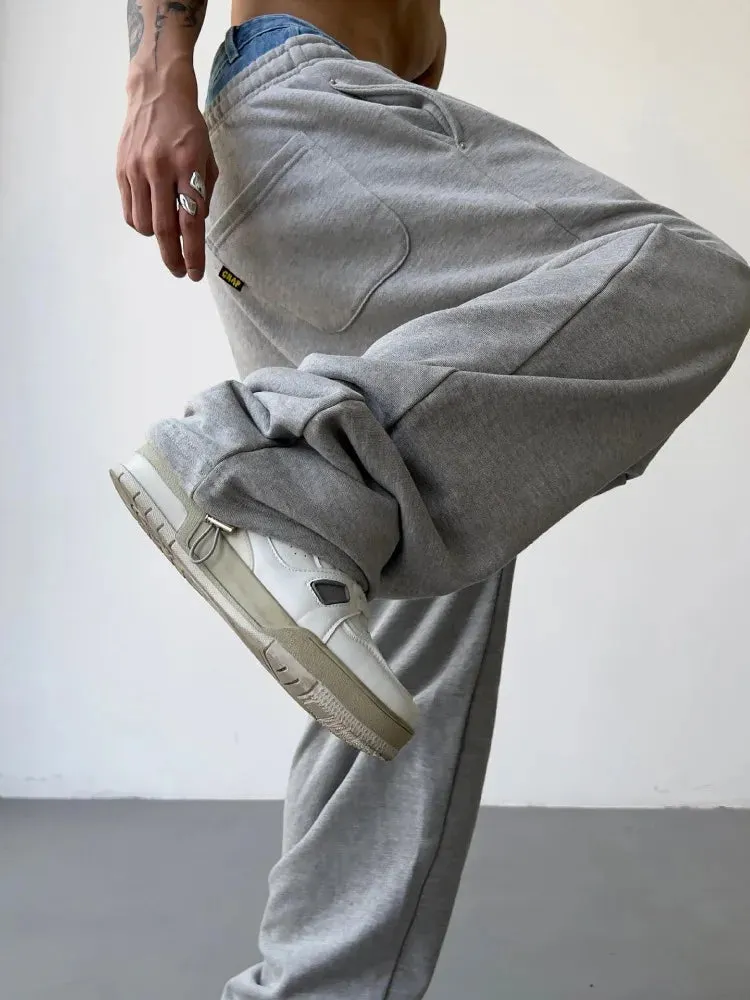 Wiaofellas  -  Hip Hop Grey Sweatpants Sports Pants Button Jean Elastic Waist Pants Loose Trousers Y2K Casual Sportwear Pants Joggers