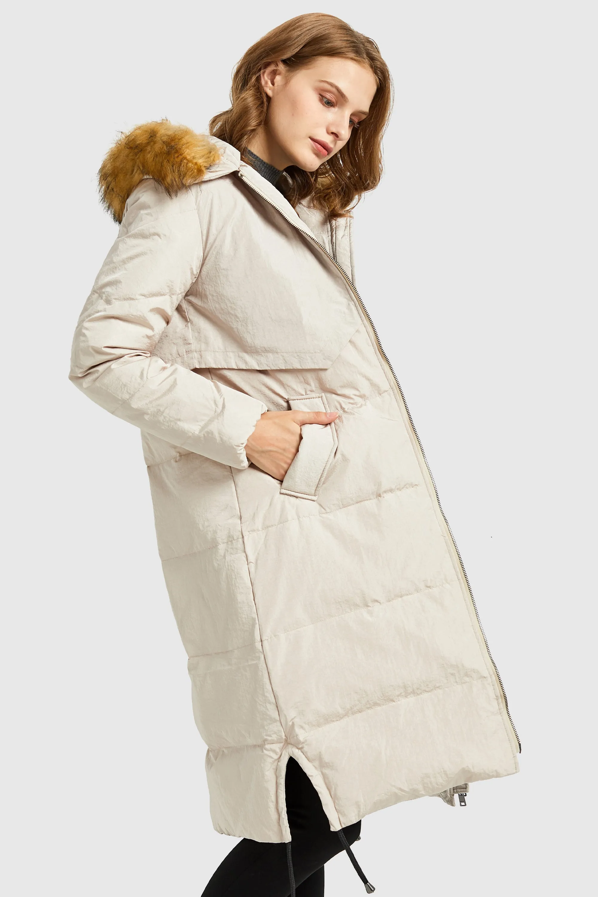 Winter Drawstring Down Coat Removable Faux Fur