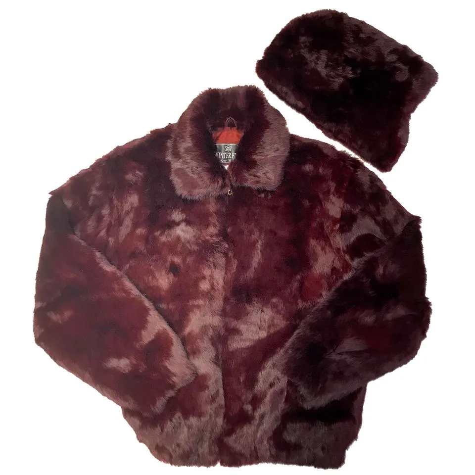 Winter Fur Wine Rabbit Bomber Fur Coat