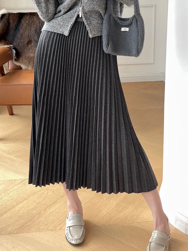 Winter Women Long Woolen Pleated Skirt Fashion High Waist Basic Wool Skirts Female Casual Thick Warm Elastic A-Line Skirts C-295