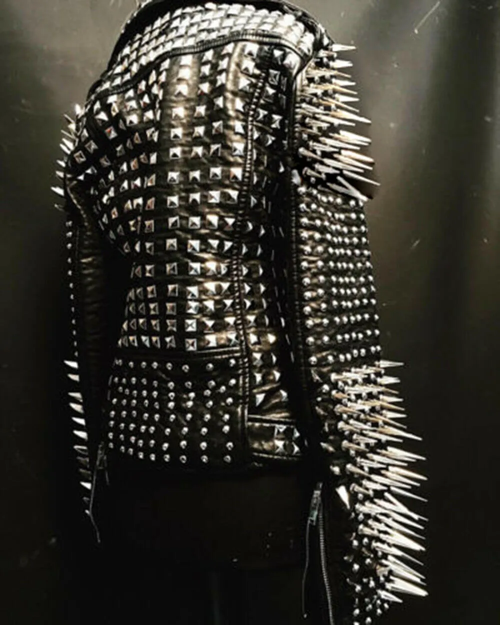 Woman Full Black Rock Punk Silver Long Spiked Studded Leather Brando Jacket