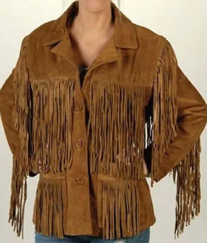 Women Brown Color Real Suede Leather Jacket Sleeves Fringe Front Button Closure