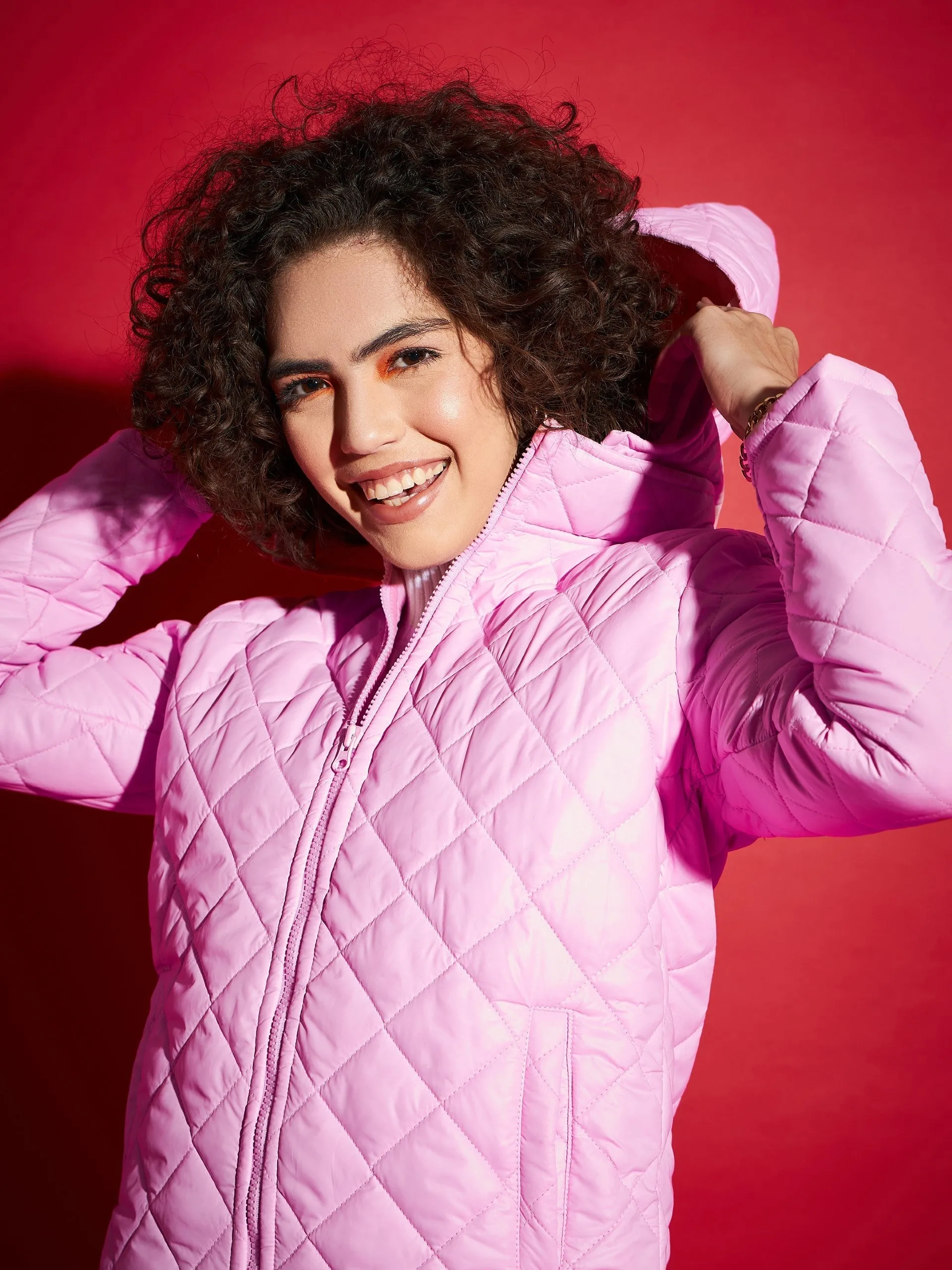 Women Pink Diamond Quilted Hooded Puffer Jacket