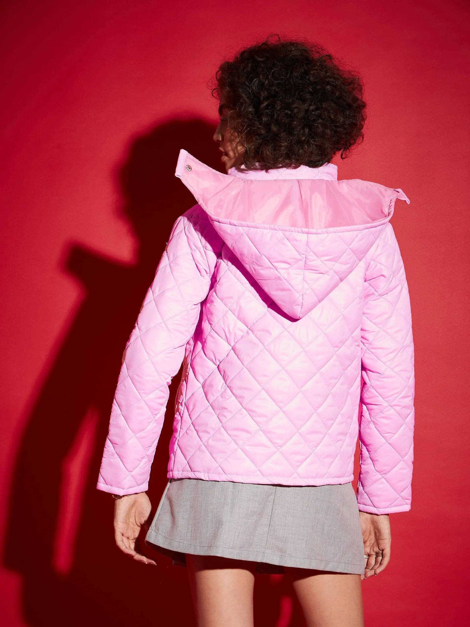 Women Pink Diamond Quilted Hooded Puffer Jacket