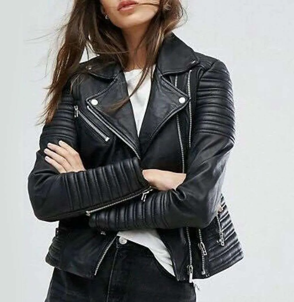 Women's Black Slim Fit Moto Biker Style Real Leather Jacket