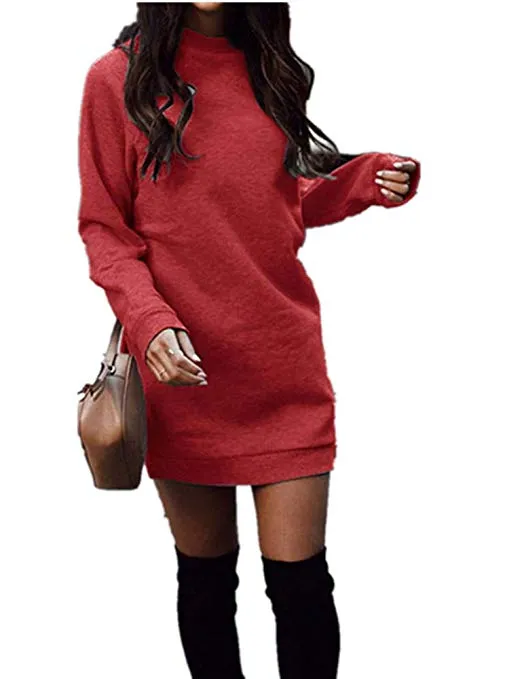 Women's Fleece Long Sweatshirt Dress Crewneck Pullover Casual Long Sleeve Bodycon Mini Sweater Dress