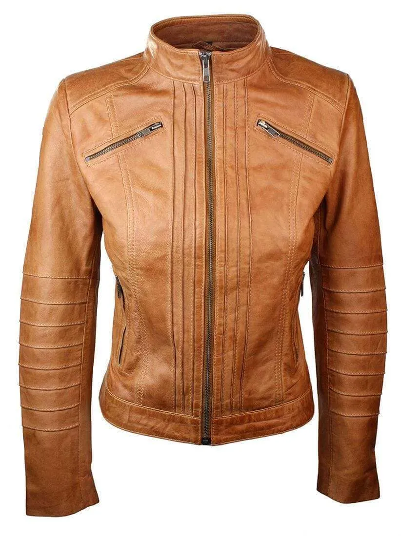 Women's Ladies Vintage Style Sheep Leather Slim Fit Biker Retro Jacket