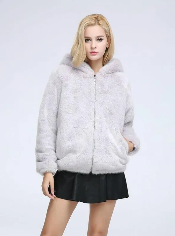 Women's Mink Fur Coat With Cap Imitation Mink Fur