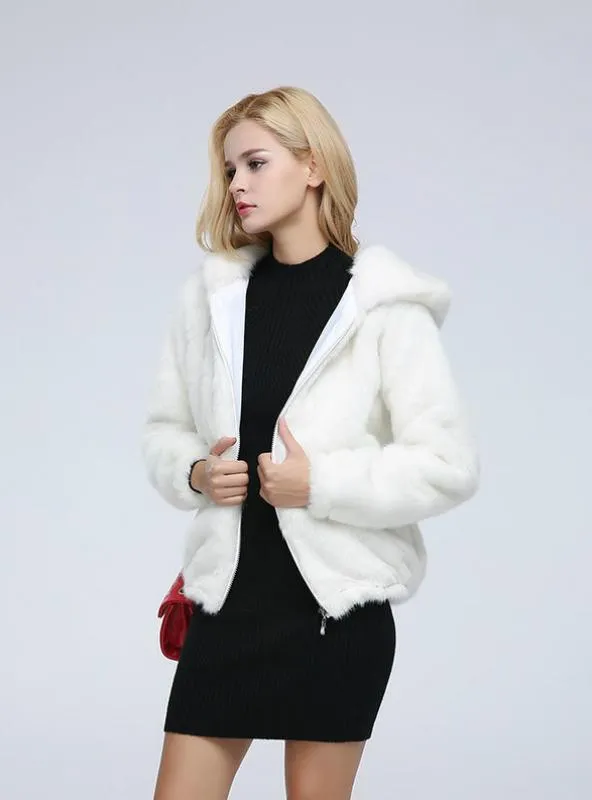 Women's Mink Fur Coat With Cap Imitation Mink Fur