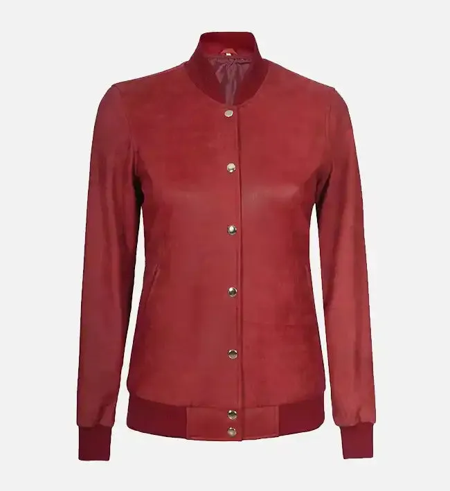 Women's Rib Knit Style Leather Maroon Bomber Jacket