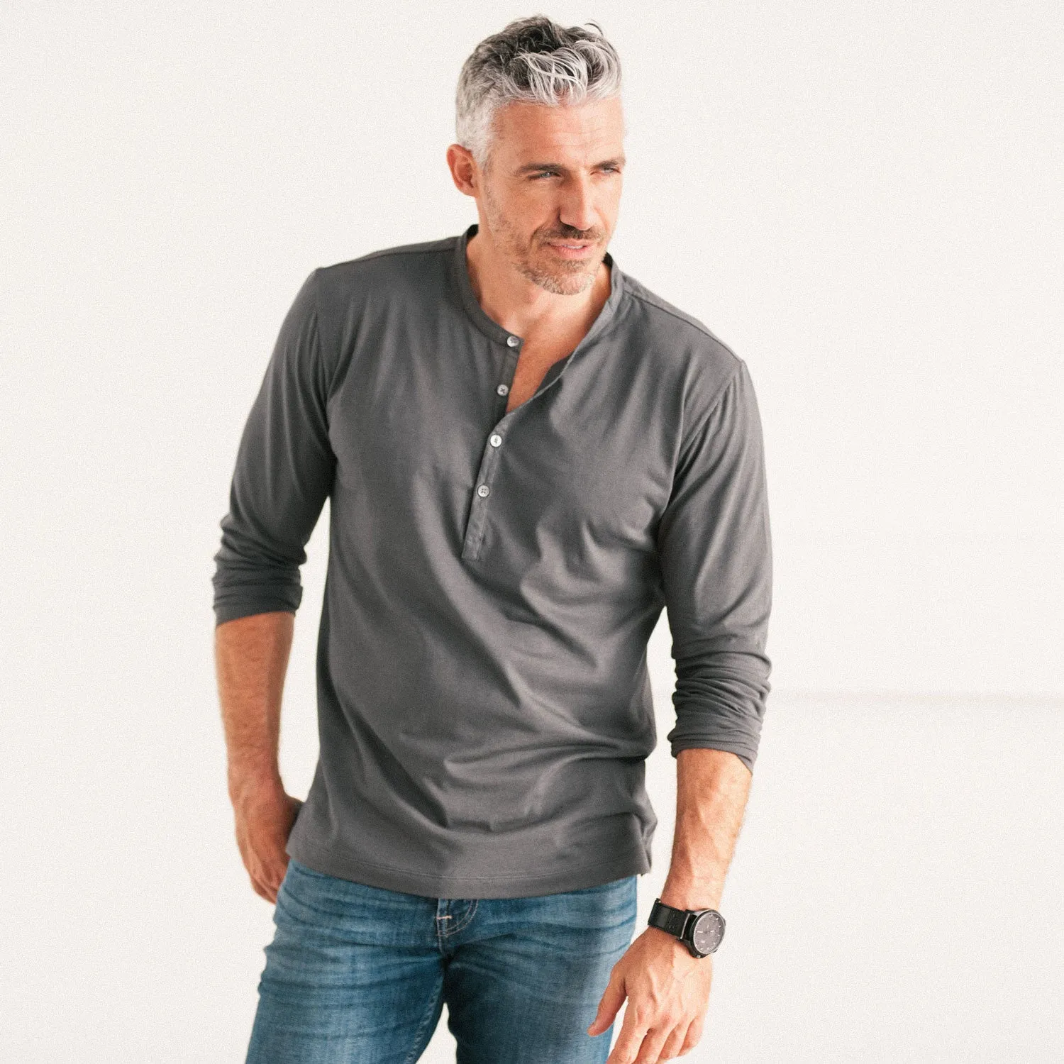 Woven Placket Henley Shirt –  Slate Gray Cotton Jersey