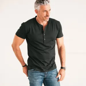 Woven Placket Henley Short Sleeve Shirt –  Black Cotton Jersey