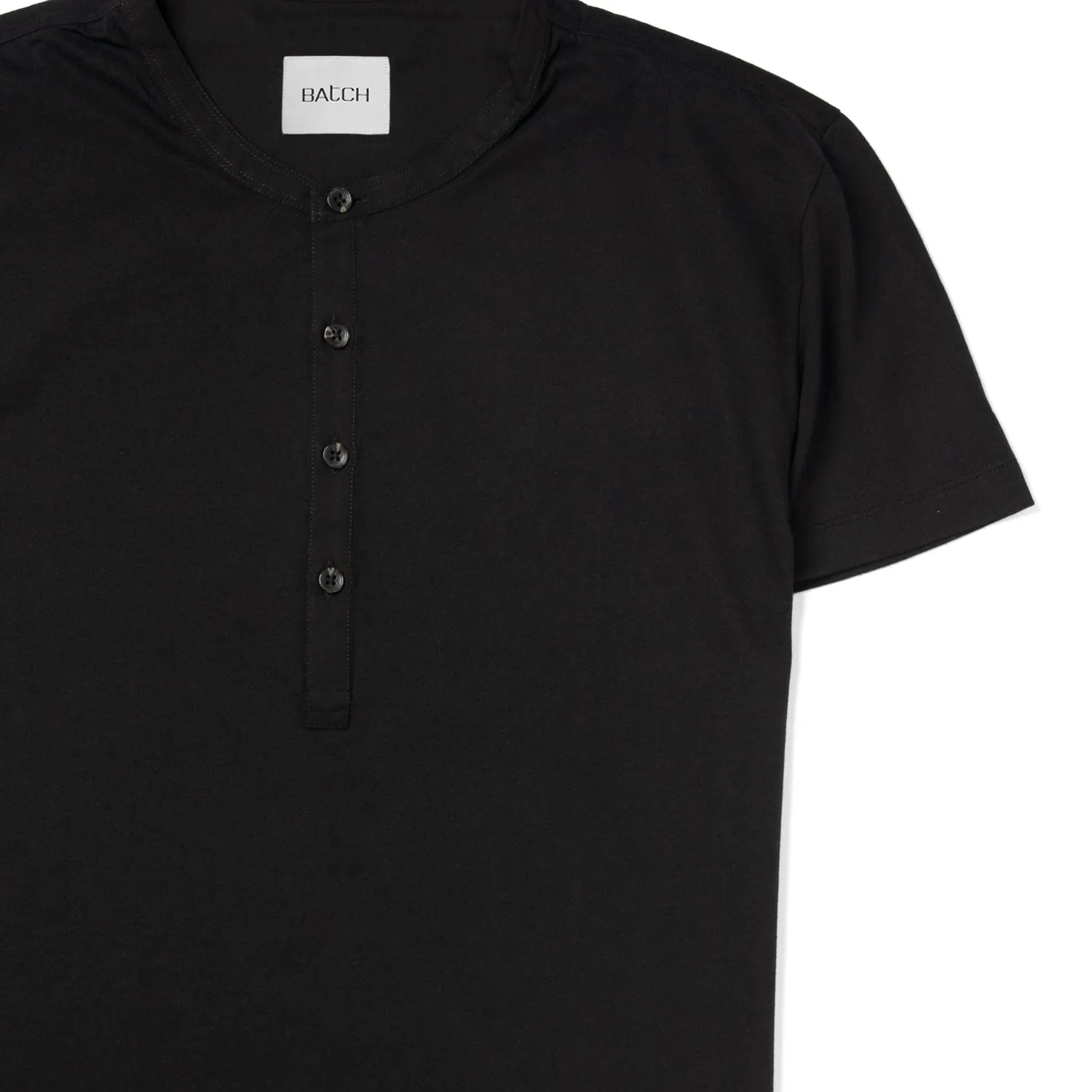 Woven Placket Henley Short Sleeve Shirt –  Black Cotton Jersey