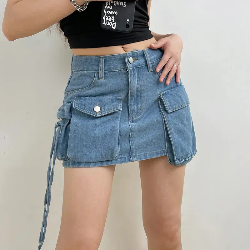 Y2K Streetwear Tie Dye Bdoycon Denim Skirt Women Cargo Style Vintage Aesthetic Pockets Low Waist Short Skirt Outfits