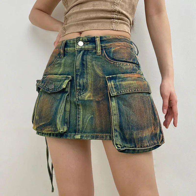 Y2K Streetwear Tie Dye Bdoycon Denim Skirt Women Cargo Style Vintage Aesthetic Pockets Low Waist Short Skirt Outfits