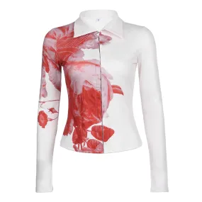 Y2K Vintage Fashion Red Tie Dye Autumn Blouse Women Tops Hook Turn-Down Collar Aesthetic Shirt Slim Cardigan Outfits