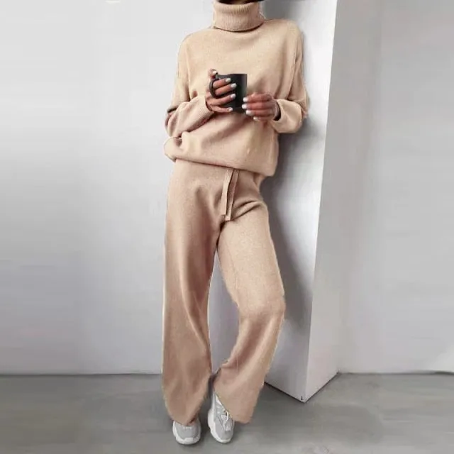 Yeknu 2 Pieces Set Women Knitted Tracksuit Turtleneck Sweater   Wide-Leg Straight Pants Suit Solid Sweater Set Casual Knitted Outwear