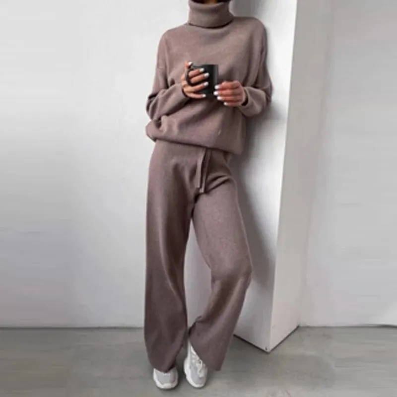 Yeknu 2 Pieces Set Women Knitted Tracksuit Turtleneck Sweater   Wide-Leg Straight Pants Suit Solid Sweater Set Casual Knitted Outwear