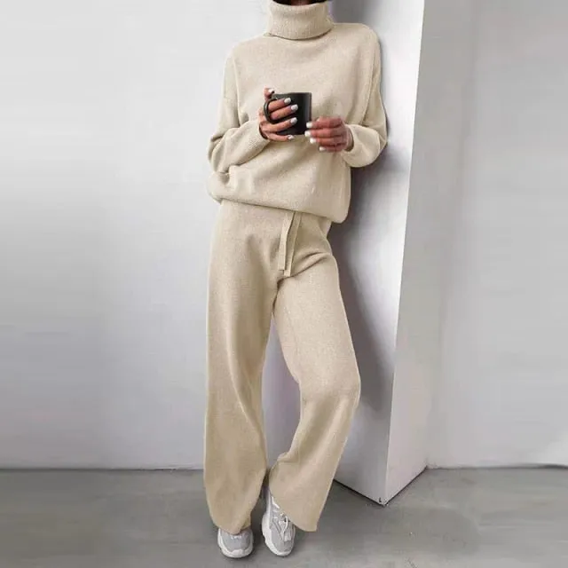 Yeknu 2 Pieces Set Women Knitted Tracksuit Turtleneck Sweater   Wide-Leg Straight Pants Suit Solid Sweater Set Casual Knitted Outwear