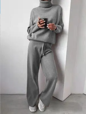 Yeknu 2 Pieces Set Women Knitted Tracksuit Turtleneck Sweater   Wide-Leg Straight Pants Suit Solid Sweater Set Casual Knitted Outwear