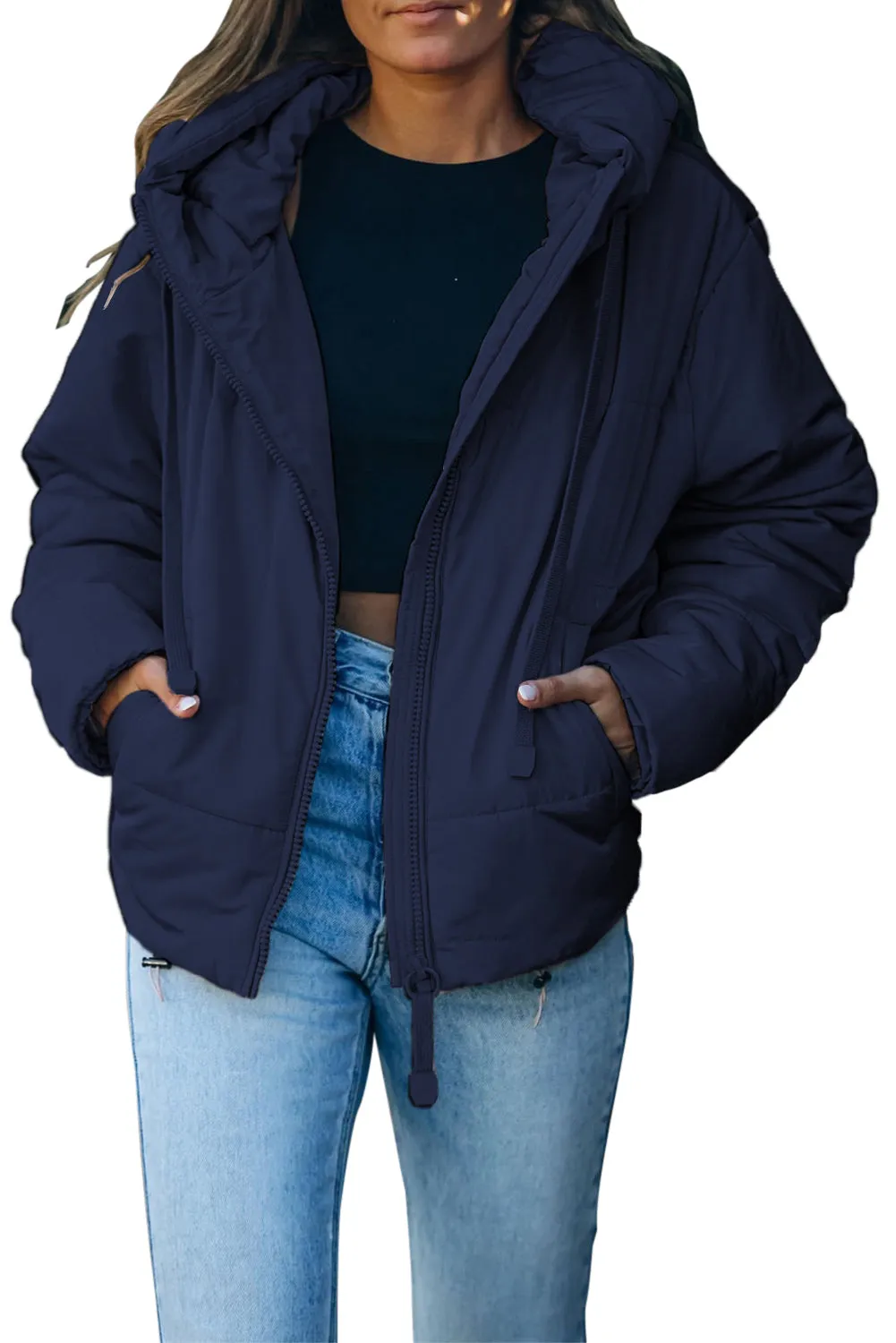 Zipper Hooded Coat With Pocket