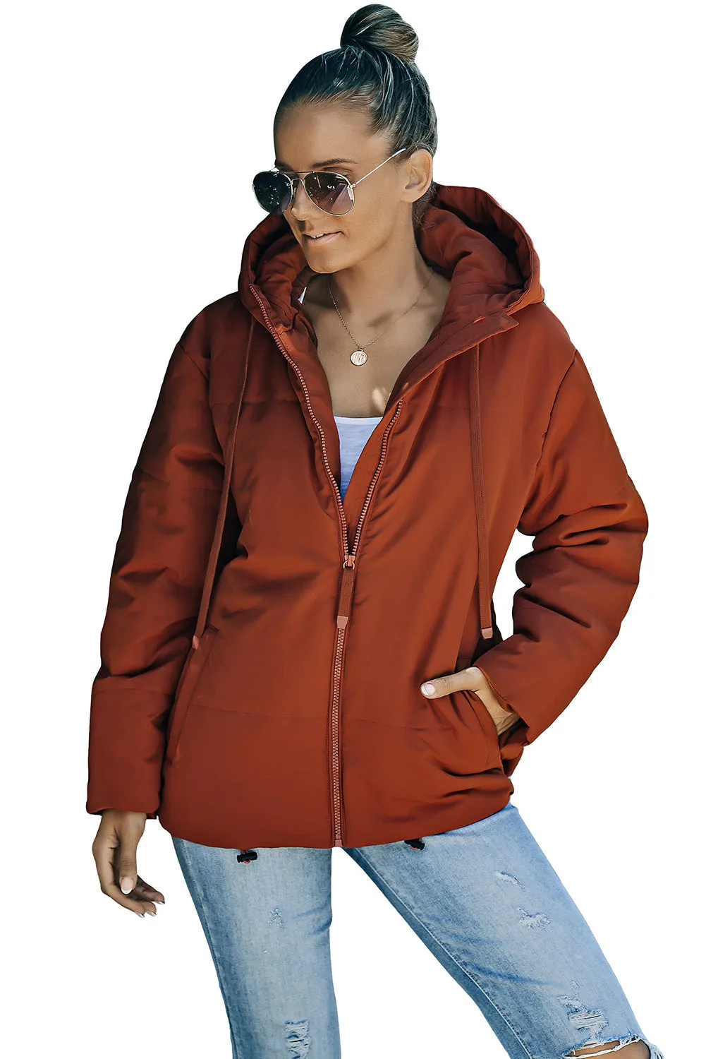 Zipper Hooded Coat With Pocket